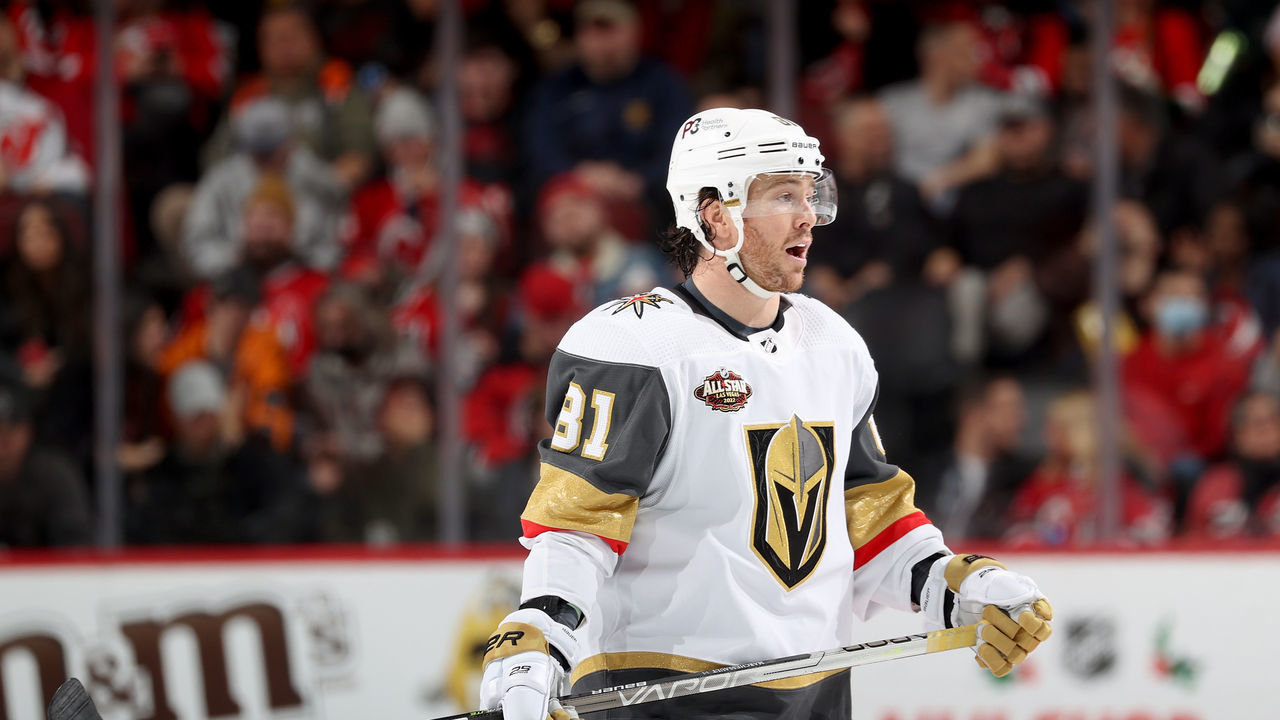 NEWARK, NEW JERSEY - DECEMBER 16: Jonathan Marchessault #81 of the Vegas Golden Knights celebrates his empty net goal during the third period against the New Jersey Devils at Prudential Center on December 16, 2021 in Newark, New Jersey. The Vegas Golden Knights defeated the New Jersey Devils 5-3.