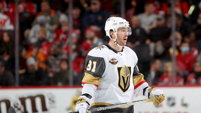 NEWARK, NEW JERSEY - DECEMBER 16: Jonathan Marchessault #81 of the Vegas Golden Knights celebrates his empty net goal during the third period against the New Jersey Devils at Prudential Center on December 16, 2021 in Newark, New Jersey. The Vegas Golden Knights defeated the New Jersey Devils 5-3.