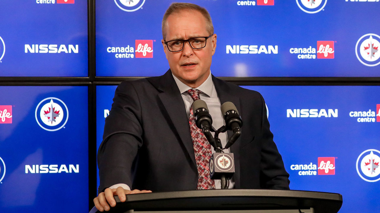 WINNIPEG, MB - NOVEMBER 6: Head Coach Paul Maurice of the Winnipeg Jets answers questions during the post-game press conference following a 2-0 loss to the New York Islanders at the Canada Life Centre on November 6, 2021 in Winnipeg, Manitoba, Canada.