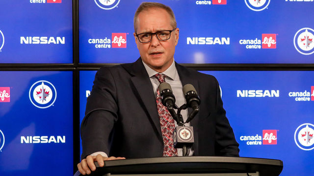 WINNIPEG, MB - NOVEMBER 6: Head Coach Paul Maurice of the Winnipeg Jets answers questions during the post-game press conference following a 2-0 loss to the New York Islanders at the Canada Life Centre on November 6, 2021 in Winnipeg, Manitoba, Canada.