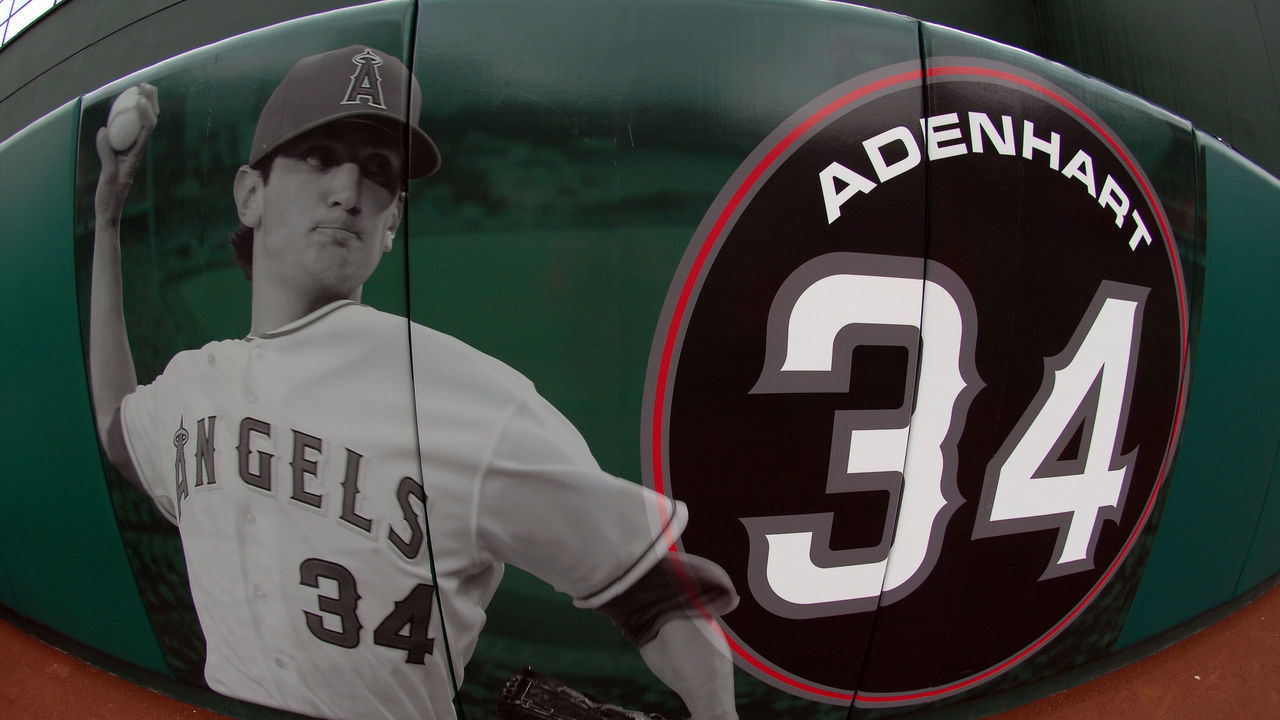 April 10, 2009; Los Angeles Angels of Anaheim pitcher Nick Adenhart, who was killed with two others by a suspected drunk driver, photograph and number are put on the wall in center field before a game against the Boston Red Sox at Angel Stadium.