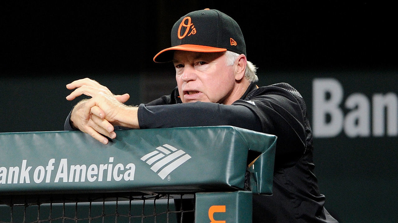 BALTIMORE, MD - SEPTEMBER 28: Manager Buck Showalter #26 of the Baltimore Orioles watches the game against the Houston Astros at Oriole Park at Camden Yards on September 28, 2018 in Baltimore, Maryland.