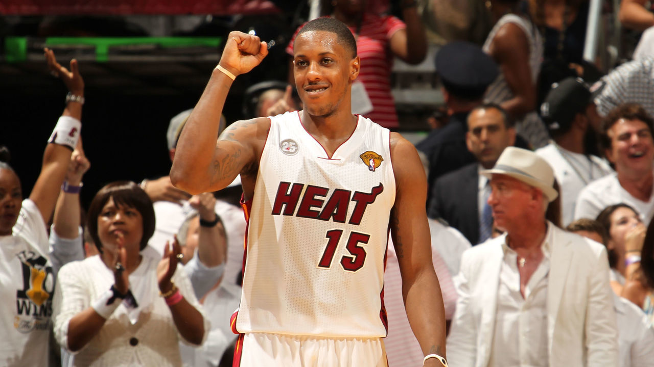 MIAMI, FL - JUNE 18: Mario Chalmers #15 of the Miami Heat celebrates during Game Six of the 2013 NBA Finals between the Miami Heat and the San Antonio Spurs on June 18, 2013 at American Airlines Arena in Miami, Florida. Mandatory Copyright Notice: Copyright 2013 NBAE