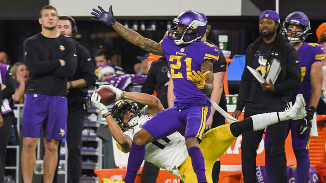 MINNEAPOLIS, MN - DECEMBER 09: Minnesota Vikings Cornerback Bashaud Breeland (21) is called for pass interference for this play on Pittsburgh Steelers Wide Receiver Chase Claypool (11) during a game between the Minnesota Vikings and Pittsburgh Steelers on December 9, 2021, at U.S. Bank Stadium in Minneapolis, MN.