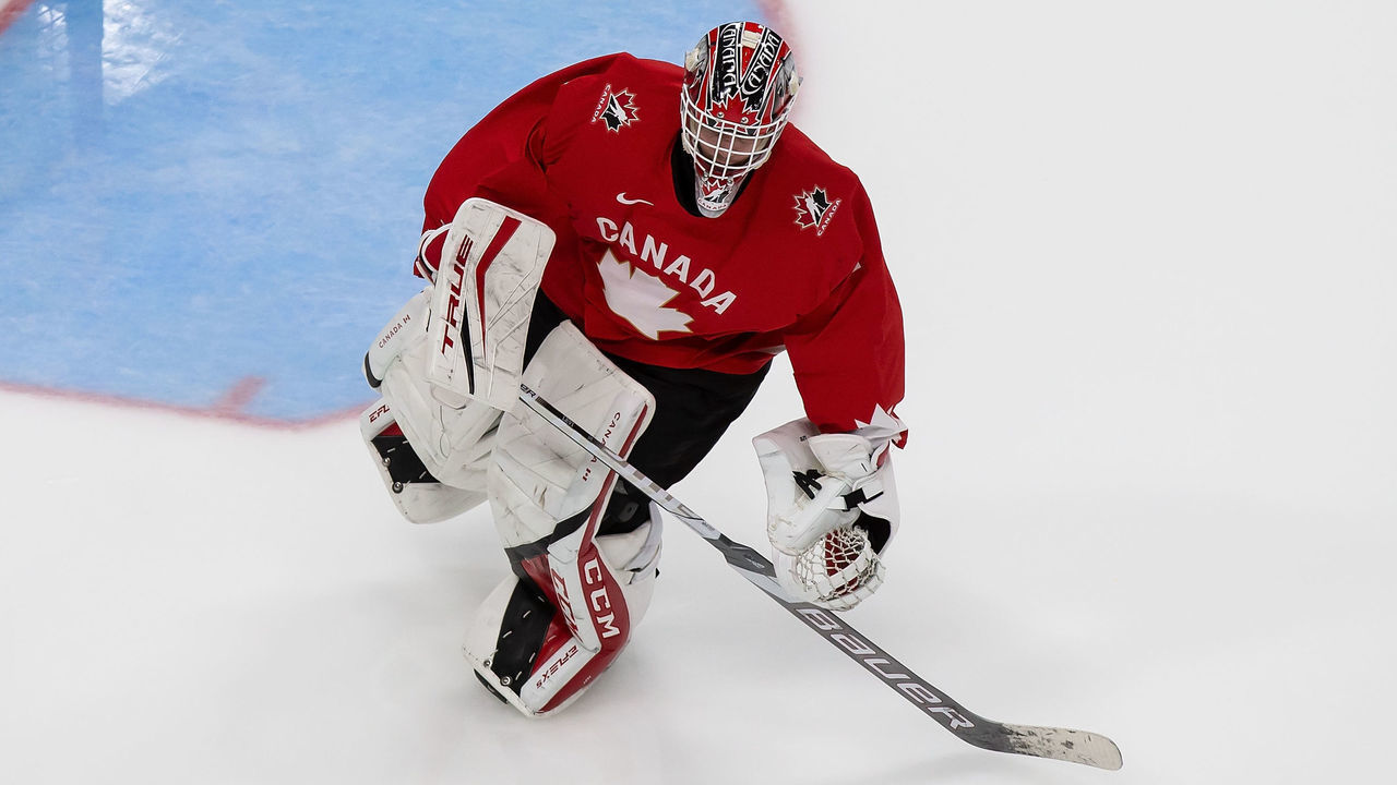 EDMONTON, AB - JANUARY 04: Goaltender Devon Levi #1 of Canada skates against Russia during the 2021 IIHF World Junior Championship semifinals at Rogers Place on January 4, 2021 in Edmonton, Canada.