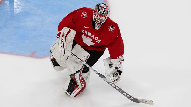 EDMONTON, AB - JANUARY 04: Goaltender Devon Levi #1 of Canada skates against Russia during the 2021 IIHF World Junior Championship semifinals at Rogers Place on January 4, 2021 in Edmonton, Canada.