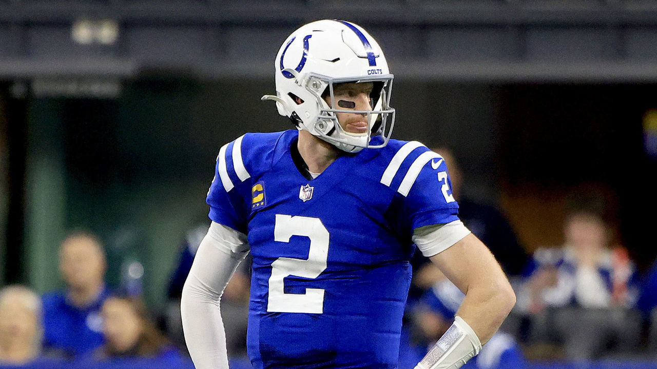INDIANAPOLIS, INDIANA - DECEMBER 18: Carson Wentz #2 of the Indianapolis Colts looks on during the fourth quarter against the New England Patriots at Lucas Oil Stadium on December 18, 2021 in Indianapolis, Indiana.