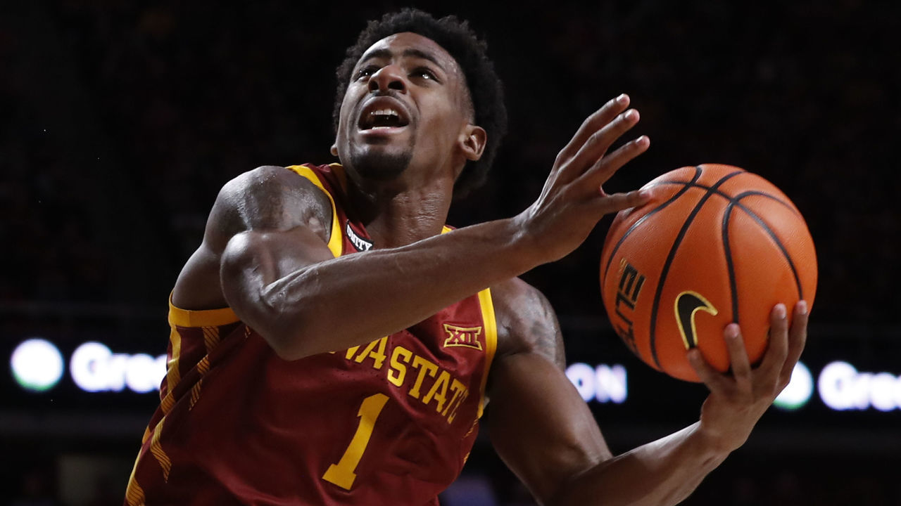 AMES, IA - DECEMBER 9: Izaiah Brockington #1 of the Iowa State Cyclones takes a shot in the first half of play at Hilton Coliseum on December 9, 2021 in Ames, Iowa. There Iowa State Cyclones won 73-53 over the Iowa Hawkeyes.