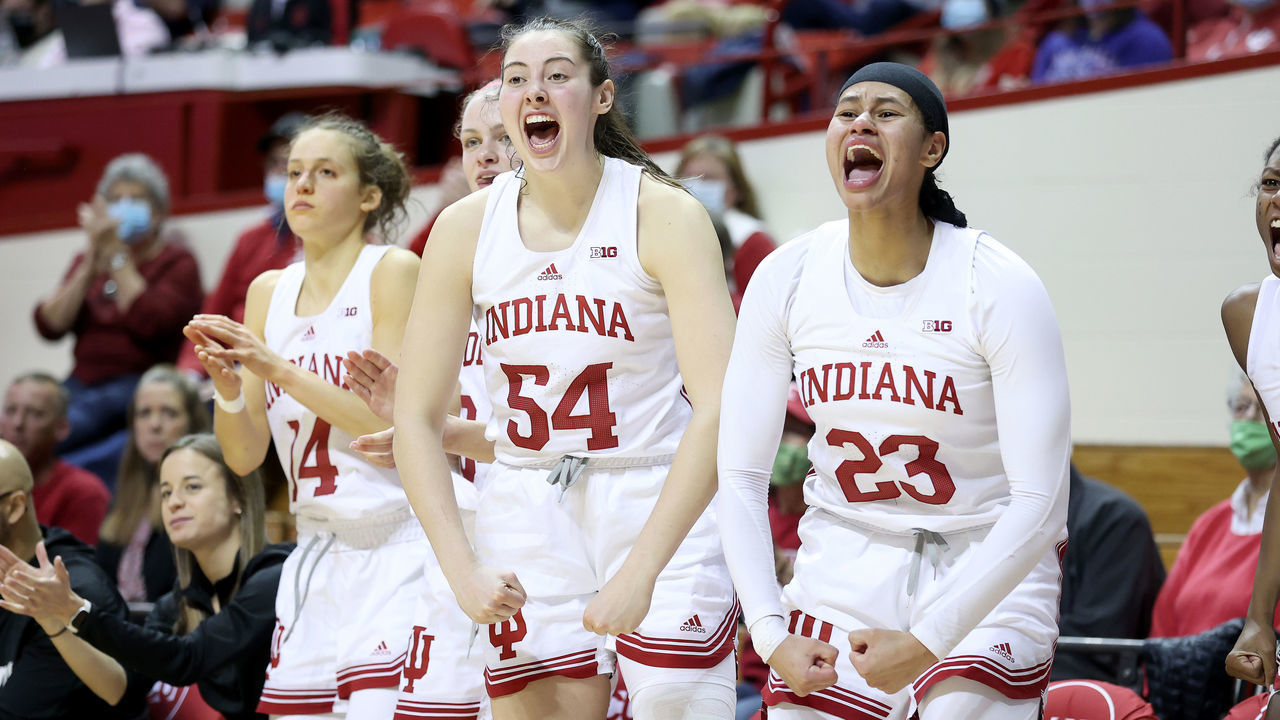 BLOOMINGTON, INDIANA - DECEMBER 09: Mackenzie Holmes #54 and Kiandra Browne #23 of the Indiana Hoosiers celebrate during the game against the Fairfield Stags at Simon Skjodt Assembly Hall on December 09, 2021 in Bloomington, Indiana.