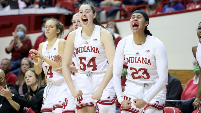 BLOOMINGTON, INDIANA - DECEMBER 09: Mackenzie Holmes #54 and Kiandra Browne #23 of the Indiana Hoosiers celebrate during the game against the Fairfield Stags at Simon Skjodt Assembly Hall on December 09, 2021 in Bloomington, Indiana.