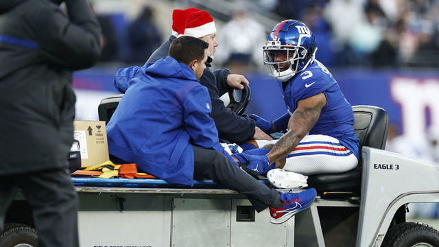 EAST RUTHERFORD, NEW JERSEY - DECEMBER 19: Sterling Shepard #3 of the New York Giants is taken off the field on a cart during the fourth quarter against the Dallas Cowboys at MetLife Stadium on December 19, 2021 in East Rutherford, New Jersey.