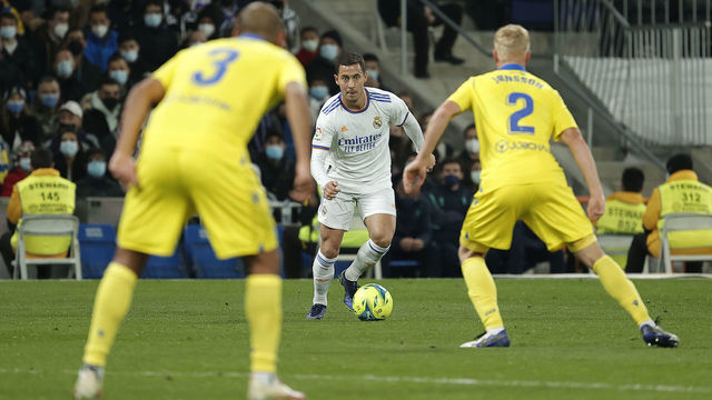 MADRID, SPAIN - DECEMBER 19: Eden Hazard of Real Madrid in action during La Liga soccer match between Real Madrid and Cadiz at Santiago Bernabeu Stadium in Madrid, Spain on December 19, 2021.