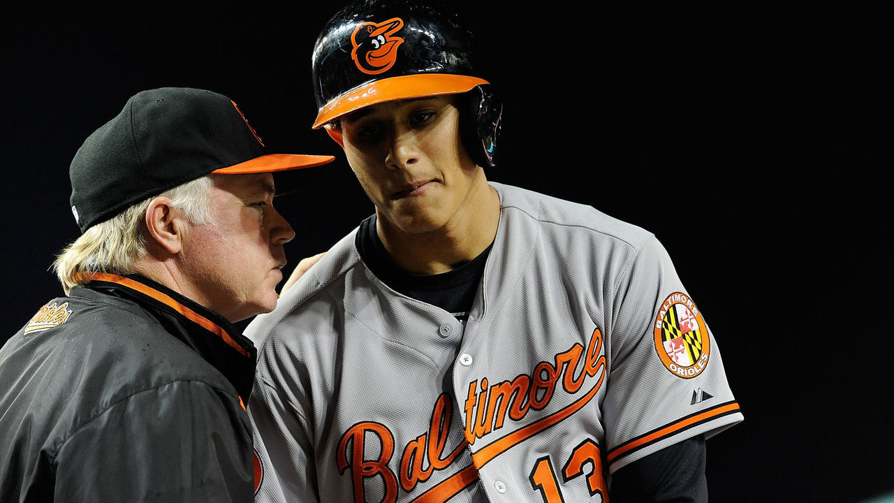 WASHINGTON, DC - MAY 28: Manny Machado #13 of the Baltimore Orioles talks with manager Buck Showalter #26 before hitting in the third inning during an interleague game against the Washington Nationals at Nationals Park on May 28, 2013 in Washington, DC.
