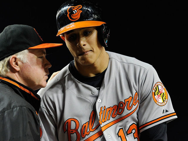 WASHINGTON, DC - MAY 28: Manny Machado #13 of the Baltimore Orioles talks with manager Buck Showalter #26 before hitting in the third inning during an interleague game against the Washington Nationals at Nationals Park on May 28, 2013 in Washington, DC.