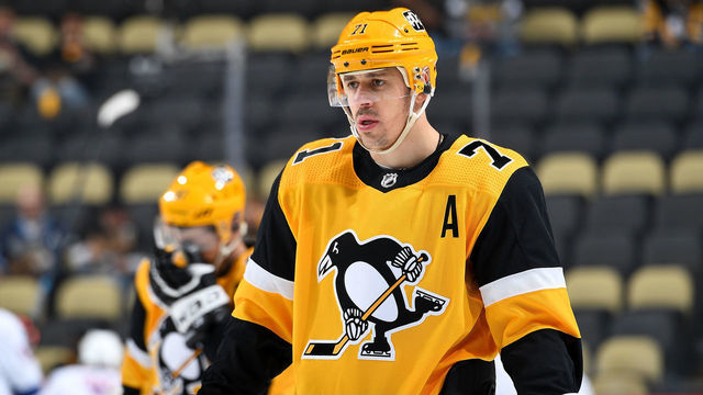 PITTSBURGH, PA - MAY 24: Evgeni Malkin #71 of the Pittsburgh Penguins skates during warmups against the New York Islanders in Game Five of the First Round of the 2021 Stanley Cup Playoffs at PPG PAINTS Arena on May 24, 2021 in Pittsburgh, Pennsylvania.