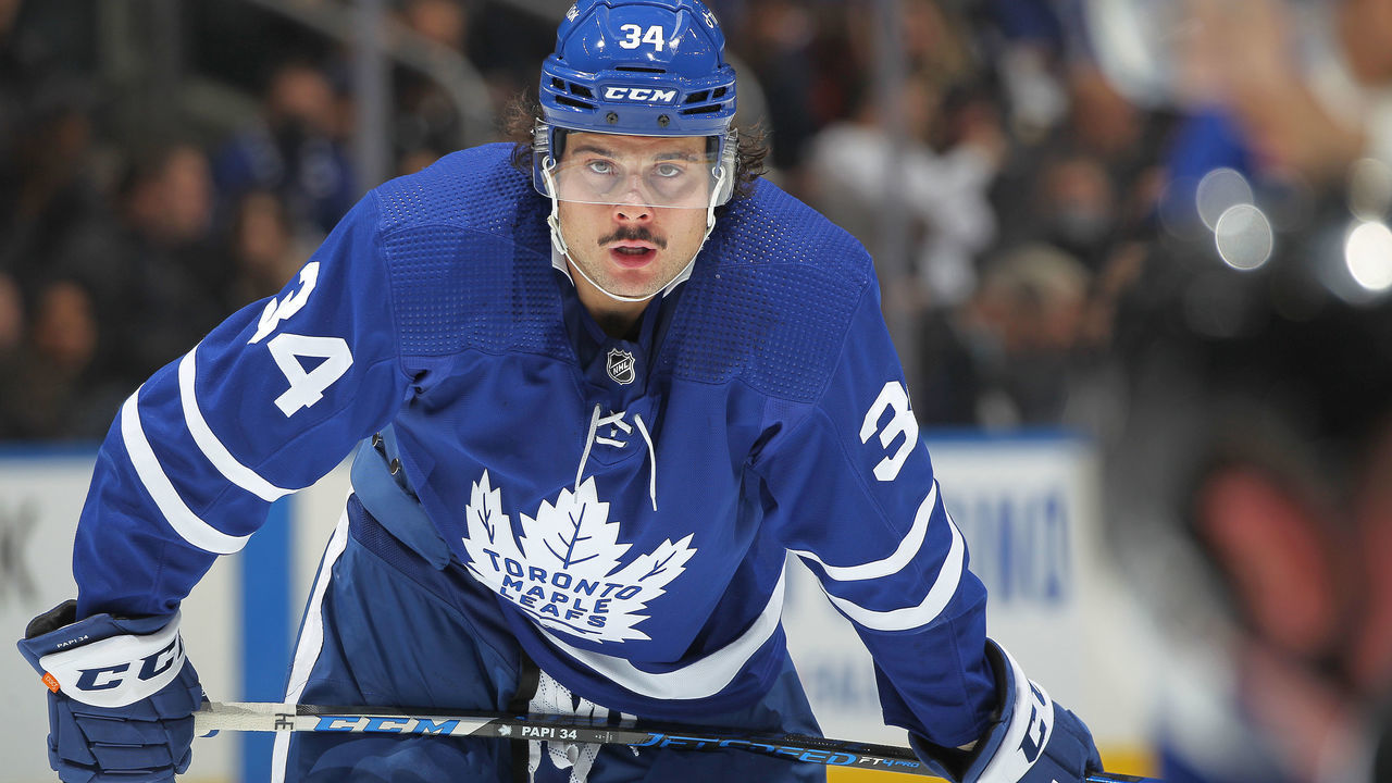 TORONTO, ON - NOVEMBER 18: Auston Matthews #34 of the Toronto Maple Leafs waits for play to resume against the New York Rangers during an NHL game at Scotiabank Arena on November 18, 2021 in Toronto, Ontario, Canada. The Maple Leafs defeated the Rangers 2-1.