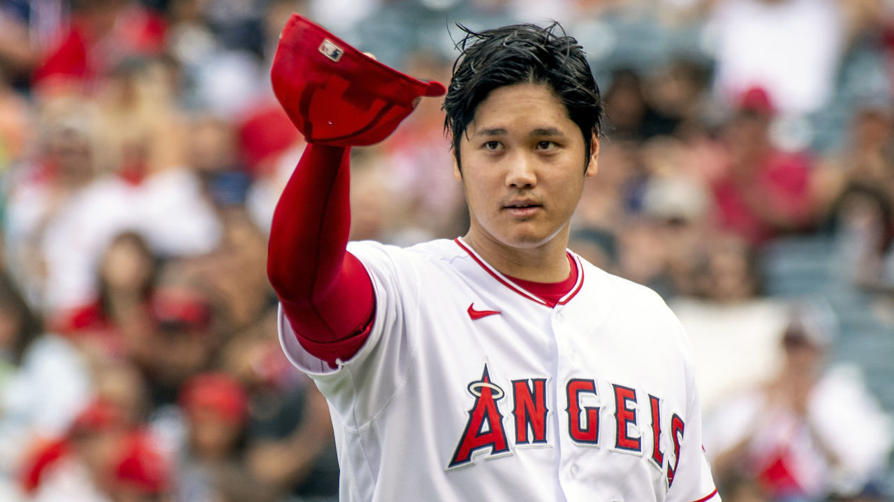 ANAHEIM, CA - SEPTEMBER 26: Shohei Ohtani (17) of the Angels tips his hat to the crowd after striking out Mitch Haniger (17) the Mariners for the third out in the 4th inning in during a game at Angel Stadium in Anaheim on Sunday, September 26, 2021.