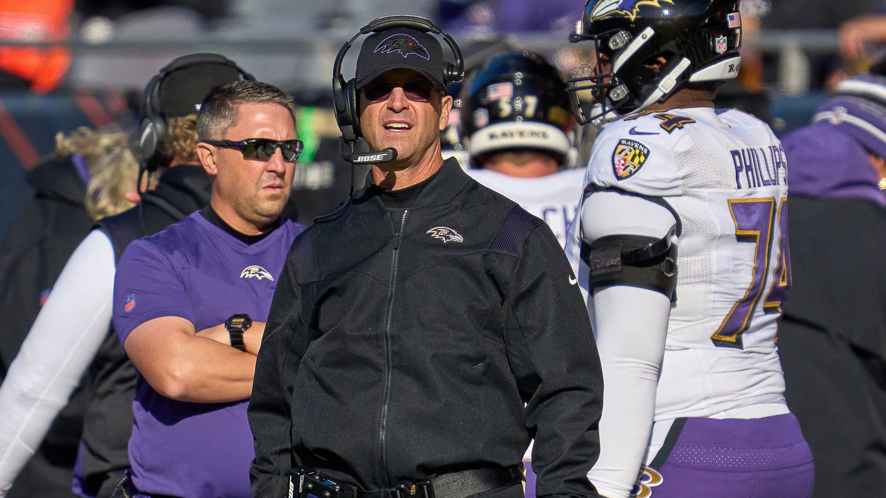 CHICAGO, IL - NOVEMBER 21: Baltimore Ravens head coach John Harbaugh looks on during a game between the Chicago Bears and the Baltimore Ravens on November 21, 2021 at Soldier Field in Chicago, IL.