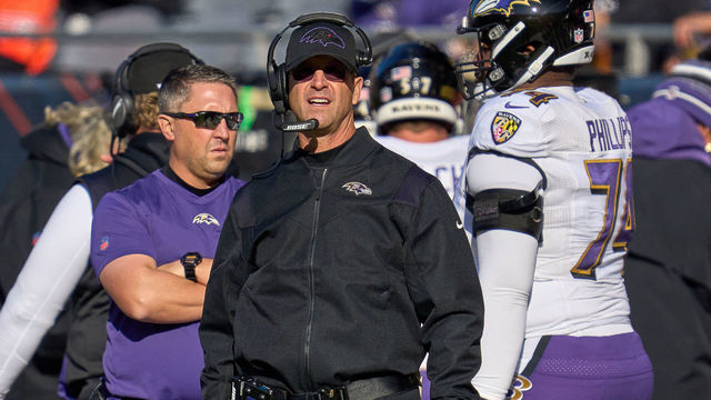 CHICAGO, IL - NOVEMBER 21: Baltimore Ravens head coach John Harbaugh looks on during a game between the Chicago Bears and the Baltimore Ravens on November 21, 2021 at Soldier Field in Chicago, IL.