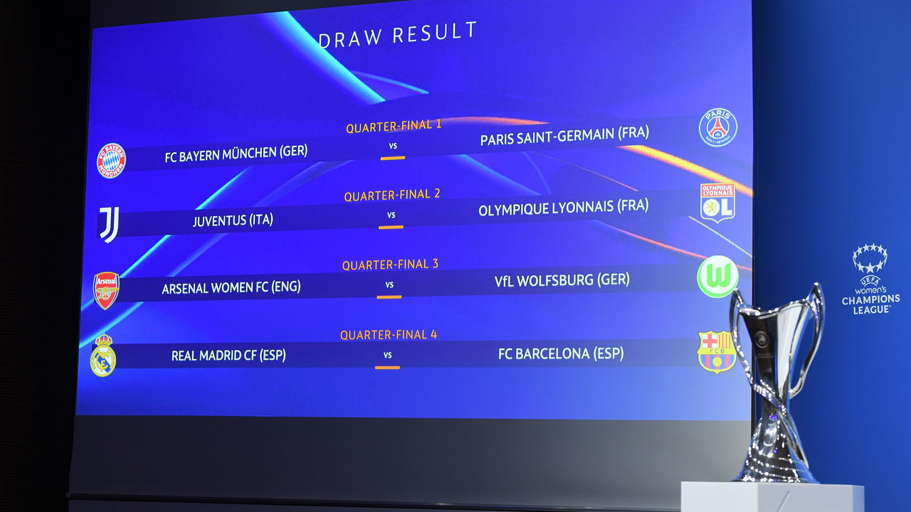 NYON, SWITZERLAND - DECEMBER 20: The result of the UEFA Women's Champions League 2021/22 Quarter-finals Draw is displayed on the screen at the UEFA headquarters, The House of European Football, on December 20, 2021, in Nyon, Switzerland.