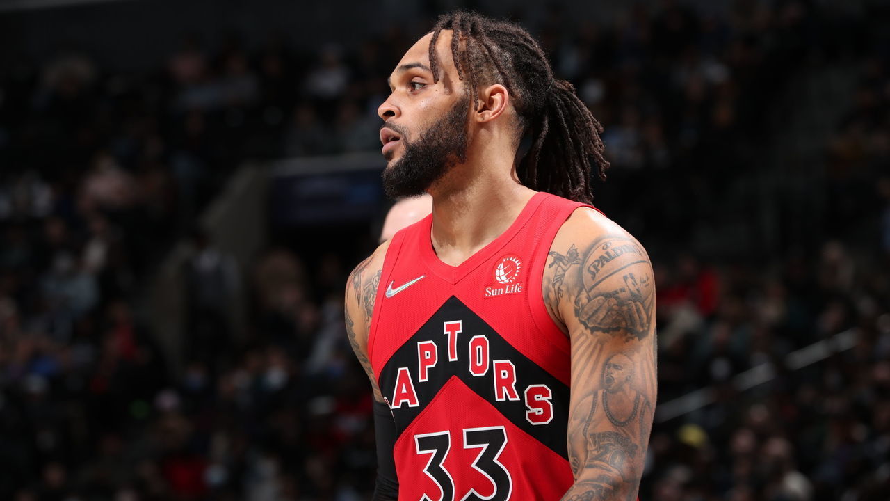 BROOKLYN, NY - DECEMBER 14: Gary Trent Jr. #33 of the Toronto Raptors looks on during the game against the Brooklyn Nets on December 14, 2021 at Barclays Center in Brooklyn, New York. Mandatory Copyright Notice: Copyright 2021 NBAE