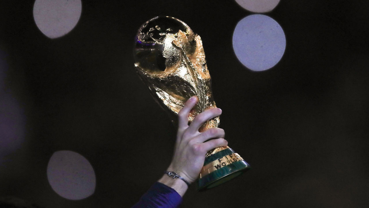 PARIS, FRANCE - SEPTEMBER 09: Detail of the FIFA World Cup Trophy during the UEFA Nations League A group one match between France and Netherlands at Stade de France on September 9, 2018 in Paris, France.