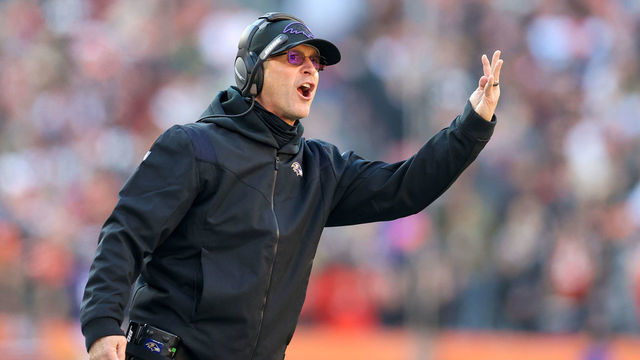 CLEVELAND, OH - DECEMBER 12: Baltimore Ravens head coach John Harbaugh reacts to a penalty called on the Ravens during the second quarter of the National Football League game between the Baltimore Ravens and Cleveland Browns on December 12, 2021, at FirstEnergy Stadium in Cleveland, OH.