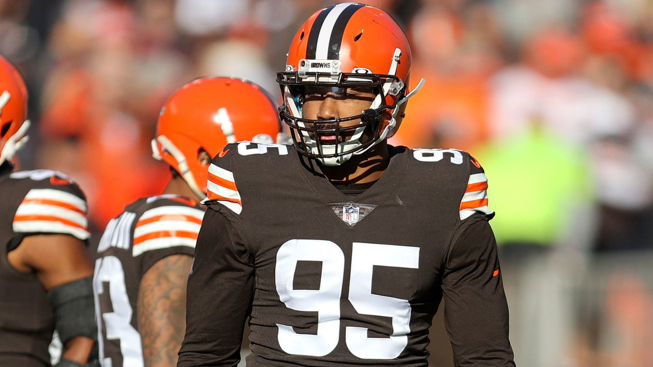 CLEVELAND, OH - DECEMBER 12: Cleveland Browns defensive end Myles Garrett (95) at the line of scrimmage during the first quarter of the National Football League game between the Baltimore Ravens and Cleveland Browns on December 12, 2021, at FirstEnergy Stadium in Cleveland, OH.