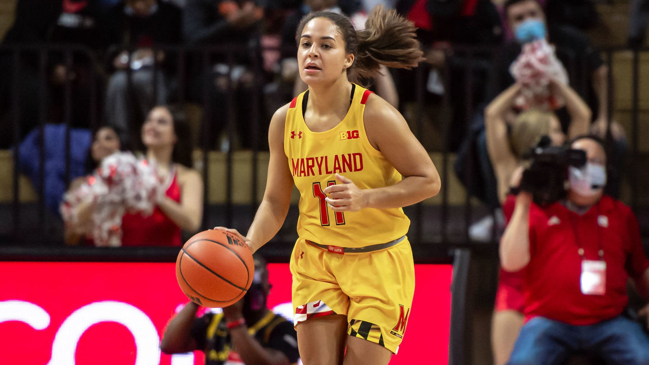 PISCATAWAY, NJ - DECEMBER 05: Maryland Terrapins guard Katie Benzan (11) during the womens college basketball game between the Maryland Terrapins and Rutgers Scarlet Knights on December 5, 2021 at Jersey Mikes Arena in Piscataway, NJ