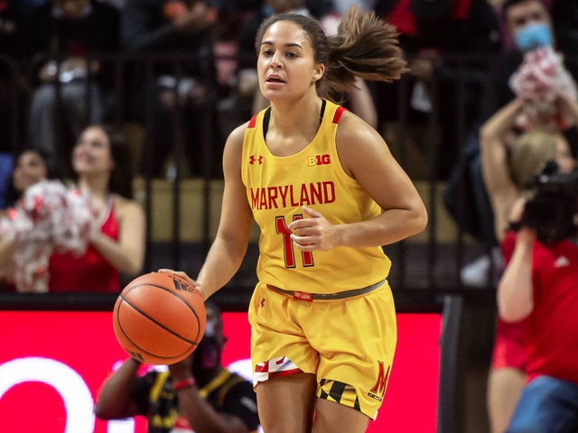 PISCATAWAY, NJ - DECEMBER 05: Maryland Terrapins guard Katie Benzan (11) during the womens college basketball game between the Maryland Terrapins and Rutgers Scarlet Knights on December 5, 2021 at Jersey Mikes Arena in Piscataway, NJ