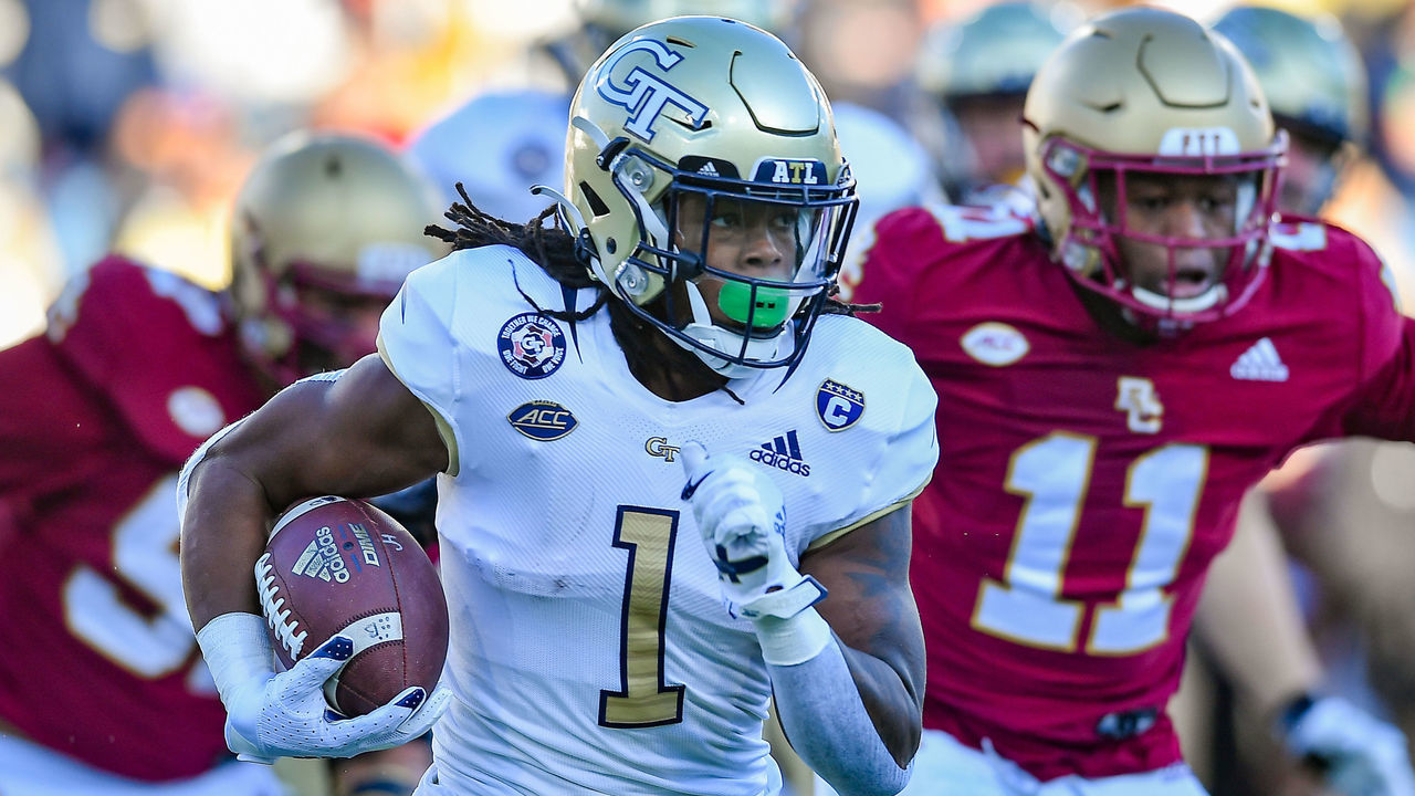 ATLANTA, GA NOVEMBER 13: Georgia Tech running back Jahmyr Gibbs (1) runs the ball during the college football game between the Boston College Eagles and the Georgia Tech Yellow Jackets on November 13th, 2021 at Bobby Dodd Stadium in Atlanta, GA.