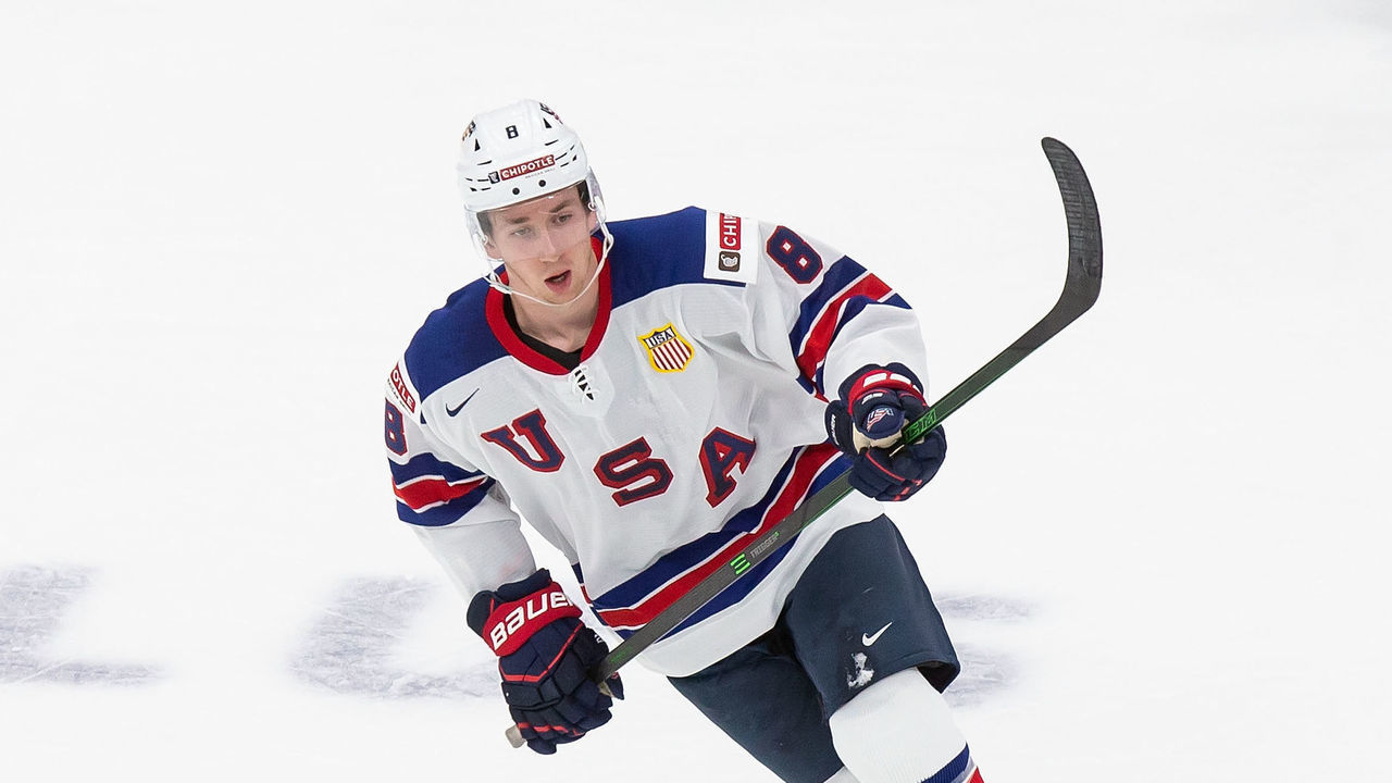 EDMONTON, AB - DECEMBER 25: Jake Sanderson #8 of the United States skates against Russia during the 2021 IIHF World Junior Championship at Rogers Place on December 25, 2020 in Edmonton, Canada.