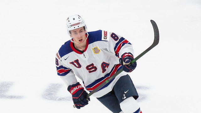 EDMONTON, AB - DECEMBER 25: Jake Sanderson #8 of the United States skates against Russia during the 2021 IIHF World Junior Championship at Rogers Place on December 25, 2020 in Edmonton, Canada.