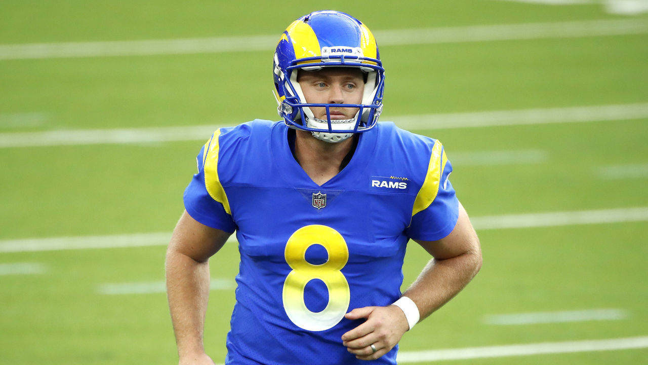 INGLEWOOD, CALIFORNIA - OCTOBER 24: Matt Gay #8 of the Los Angeles Rams looks on during the fourth quarter against the Detroit Lions at SoFi Stadium on October 24, 2021 in Inglewood, California.