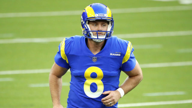 INGLEWOOD, CALIFORNIA - OCTOBER 24: Matt Gay #8 of the Los Angeles Rams looks on during the fourth quarter against the Detroit Lions at SoFi Stadium on October 24, 2021 in Inglewood, California.