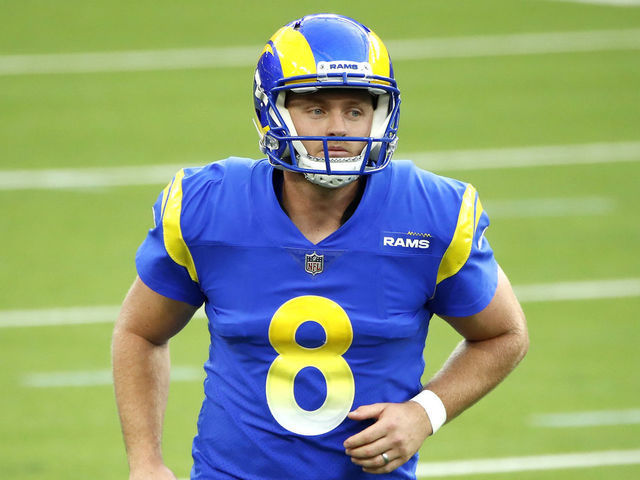 INGLEWOOD, CALIFORNIA - OCTOBER 24: Matt Gay #8 of the Los Angeles Rams looks on during the fourth quarter against the Detroit Lions at SoFi Stadium on October 24, 2021 in Inglewood, California.