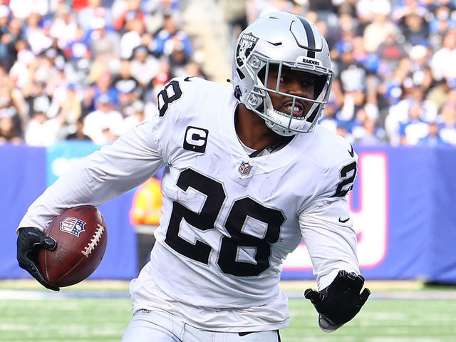 EAST RUTHERFORD, NEW JERSEY - NOVEMBER 07: (NEW YORK DAILIES OUT) Josh Jacobs #28 of the Las Vegas Raiders in action against the New York Giants at MetLife Stadium on November 07, 2021 in East Rutherford, New Jersey. New York Giants defeated the Las Vegas Raiders 23-16.