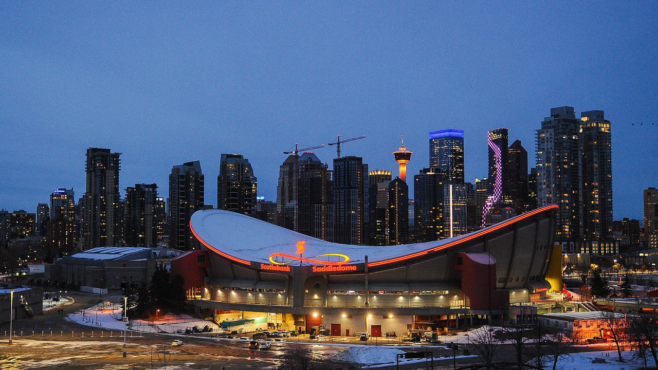CALGARY, AB - JANUARY 16: A general view of the exterior of the Scotiabank Saddledome prior to an NHL game between the Calgary Flames and the Vancouver Canucks on January 16, 2021 in Calgary, Alberta, Canada.