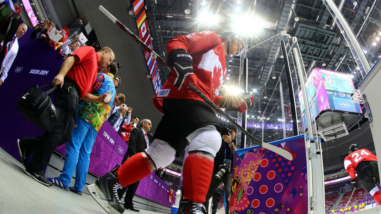SOCHI, RUSSIA - FEBRUARY 23: Jonathan Toews #16 of Canada walks to the ice before the Men's Ice Hockey Gold Medal match against Sweden on Day 16 of the 2014 Sochi Winter Olympics at Bolshoy Ice Dome on February 23, 2014 in Sochi, Russia.