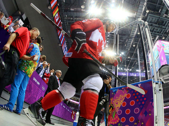 SOCHI, RUSSIA - FEBRUARY 23: Jonathan Toews #16 of Canada walks to the ice before the Men's Ice Hockey Gold Medal match against Sweden on Day 16 of the 2014 Sochi Winter Olympics at Bolshoy Ice Dome on February 23, 2014 in Sochi, Russia.