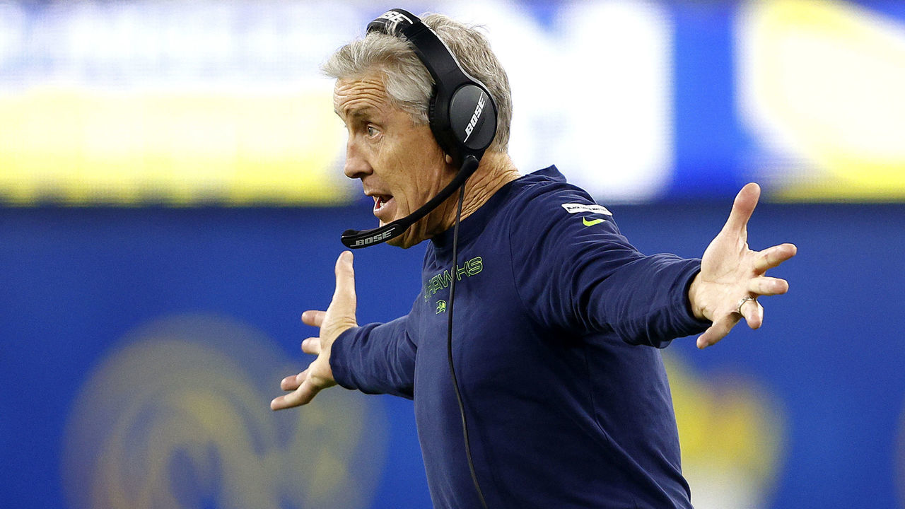 INGLEWOOD, CALIFORNIA - DECEMBER 21: Head Coach Pete Carroll reacts of the Seattle Seahawks to a penalty during the first half of a game against the Los Angeles Rams at SoFi Stadium on December 21, 2021 in Inglewood, California.