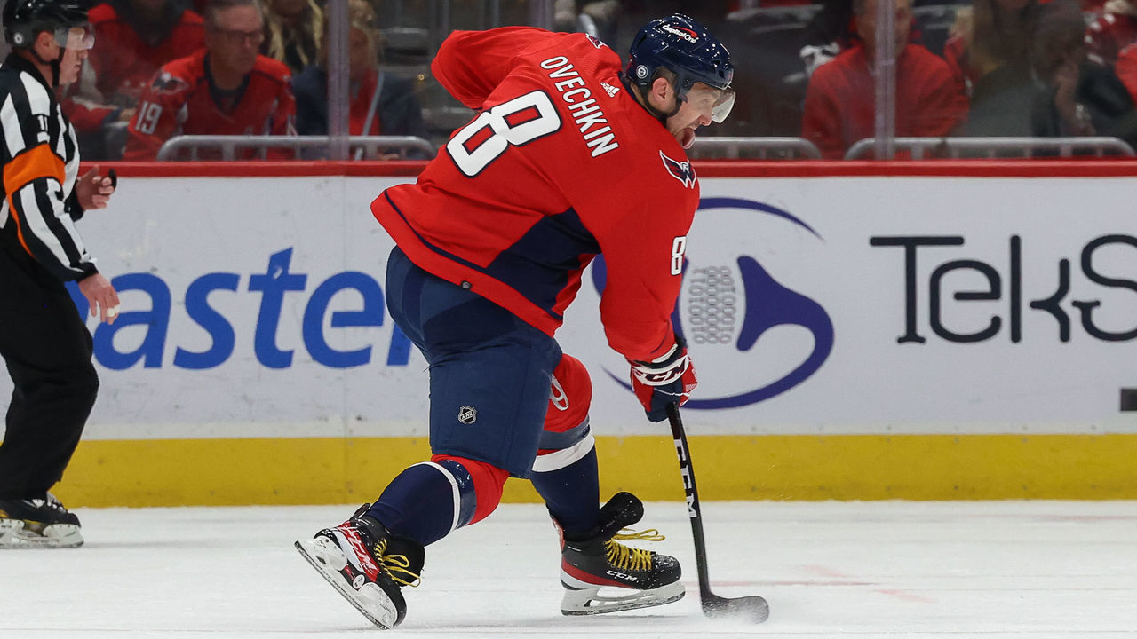 WASHINGTON, DC - DECEMBER 19: Alex Ovechkin #8 of the Washington Capitals steps into a shot during a game against the Los Angeles Kings at Capital One Arena on December 19, 2021 in Washington, D.C.