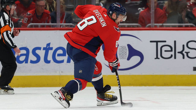 WASHINGTON, DC - DECEMBER 19: Alex Ovechkin #8 of the Washington Capitals steps into a shot during a game against the Los Angeles Kings at Capital One Arena on December 19, 2021 in Washington, D.C.