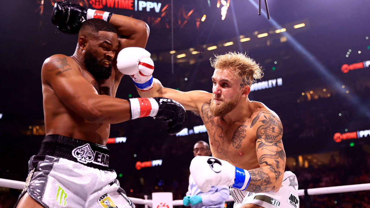 TAMPA, FLORIDA - DECEMBER 18: Jake Paul fights Tyron Woodley during a rematch of an eight-round cruiserweight bout at the Amalie Arena on December 18, 2021 in Tampa, Florida.