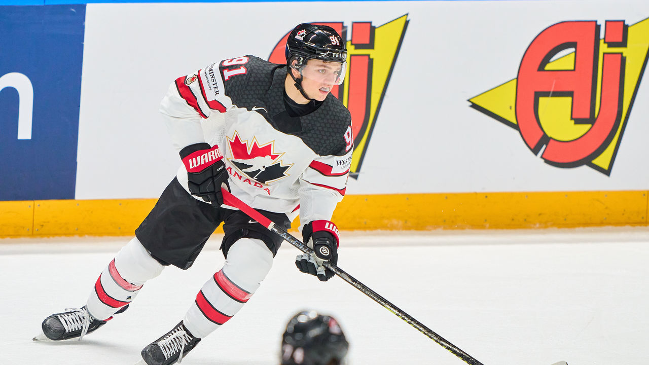 RIGA, LATVIA - MAY 28: Cole Perfetti #91 of Canada in action during the 2021 IIHF Ice Hockey World Championship group stage game between Kazakhstan and Canada at Arena Riga on May 28, 2021 in Riga, Latvia. Canada defeated Kazakhstan 4-2.