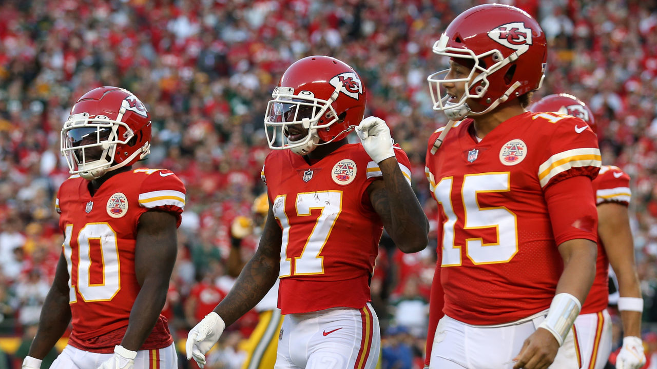 KANSAS CITY, MO - NOVEMBER 07: Kansas City Chiefs Tyreek Hill (10), Mecole Hardman (17) and Patrick Mahomes (15) walk off the field after a failed third down conversion in the second quarter of an NFL game between the Green Bay Packers and Kansas City Chiefs on Nov 7, 2021 at GEHA Field at Arrowhead Stadium in Kansas City, MO.