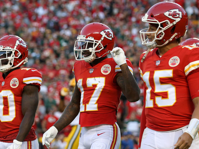KANSAS CITY, MO - NOVEMBER 07: Kansas City Chiefs Tyreek Hill (10), Mecole Hardman (17) and Patrick Mahomes (15) walk off the field after a failed third down conversion in the second quarter of an NFL game between the Green Bay Packers and Kansas City Chiefs on Nov 7, 2021 at GEHA Field at Arrowhead Stadium in Kansas City, MO.