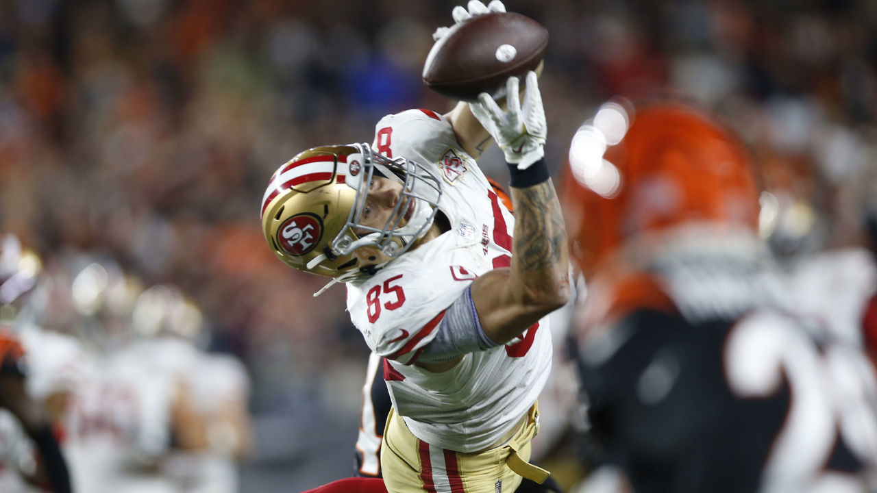 CINCINNATI, OH - DECEMBER 12: George Kittle #85 of the San Francisco 49ers makes a catch during the game against the Cincinnati Bengals at Paul Brown Stadium on December 12, 2021 in Cincinnati, Ohio. The 49ers defeated the Bengals 26-23.