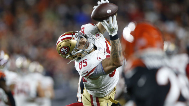 CINCINNATI, OH - DECEMBER 12: George Kittle #85 of the San Francisco 49ers makes a catch during the game against the Cincinnati Bengals at Paul Brown Stadium on December 12, 2021 in Cincinnati, Ohio. The 49ers defeated the Bengals 26-23.