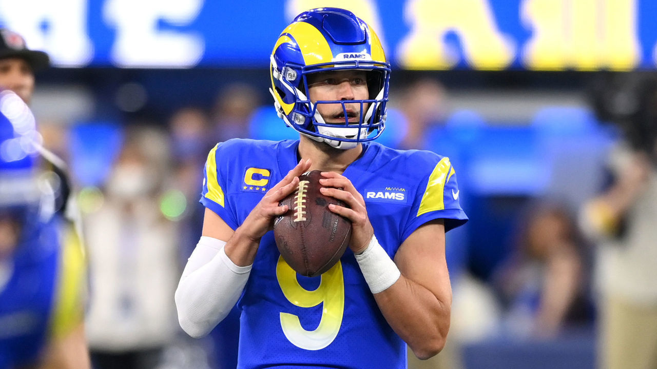 INGLEWOOD, CA - DECEMBER 21: Matthew Stafford #9 of the Los Angeles Rams looks to pass the ball in the game against the Seattle Seahawks at SoFi Stadium on December 19, 2021 in Inglewood, California.